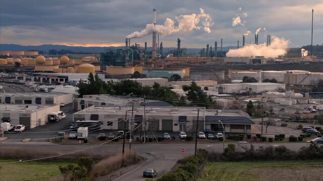 Benicia Refinery, Benicia, California, USA, with storage tanks and processing units. The facility refines crude oil into gasoline and other petroleum products.