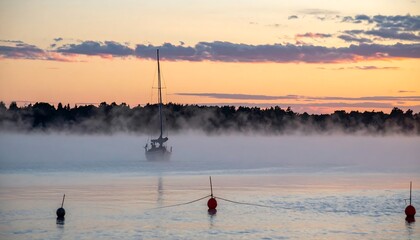 Sailboat cruising through morning mist on calm lake under sunrise sky.