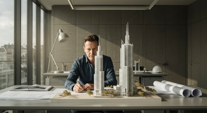 Architect working on blueprints and model of skyscrapers in modern office