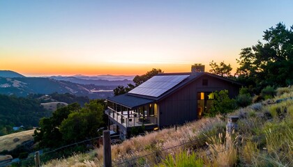 Scenic hilltop home with solar panels and sunset over mountains California real estate.