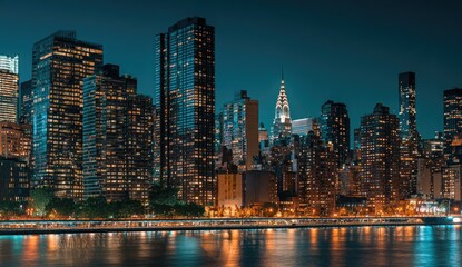 Illuminated NYC skyline at night