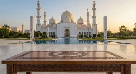 Fototapeta premium Elegant mosque with intricate design reflected in serene water, warm sunlight bathes the majestic structure