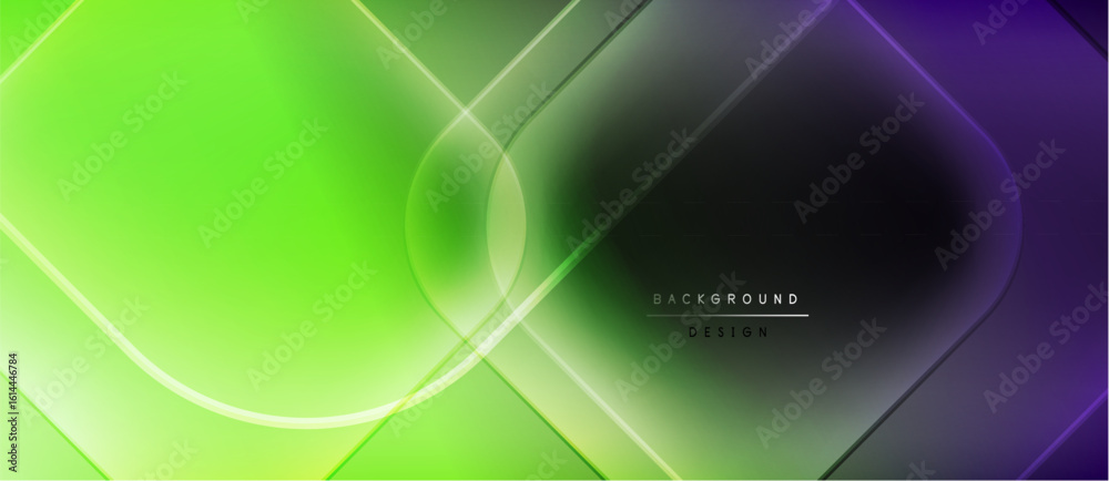 Poster abstract gradients blend green, purple, black. overlapping shapes create dynamic visual effect. mode