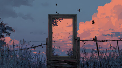 Framed painting leaning on fence that appears inside the image itself