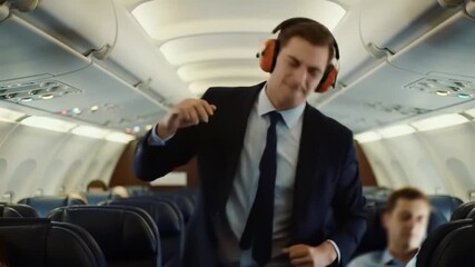 Joyful Businessman Dancing on Airplane with Headphones.