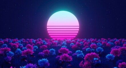 Fototapeta premium Synthwave sunset over a field of vibrant purple and blue flowers under a starry night sky