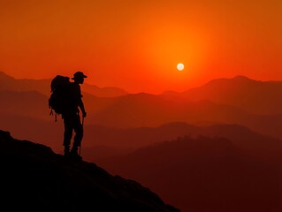 Fototapeta premium Hiker silhouette stands on peak during vibrant sunset