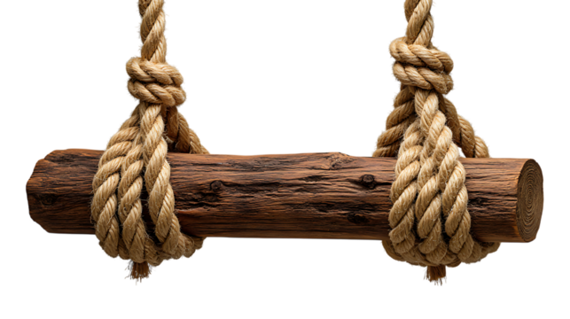 Rustic wooden log swing hanging by thick ropes isolated on transparent background