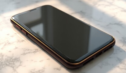 Dark phone on marble, gold trim