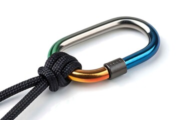 Colorful metal carabiner with black rope isolated on white background