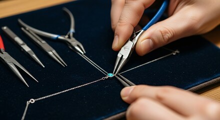 Jeweler carefully crafting a delicate necklace with precision tools and focus on detail