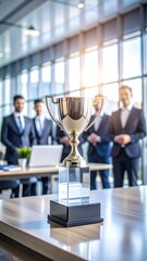 Business team posing with trophy