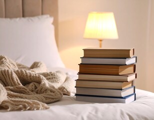 Books and cozy blanket on a bed