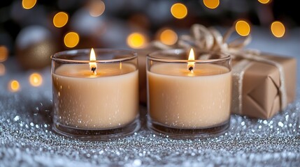 Elegant Christmas Gifts with Candles and Sparkling Lights for Festive Season and Holiday Decoration Concepts

