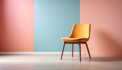 A single chair in the middle of an empty colored room