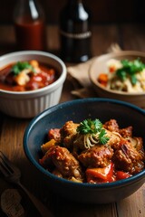 Fototapeta premium Hearty stews and savory dishes served in bowls