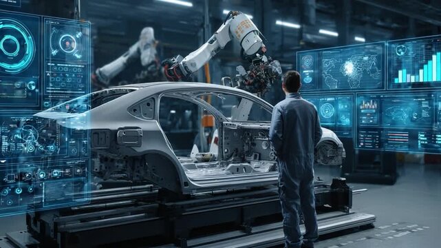 Automated Car Assembly: A lone figure observes the intricate dance of robotic arms assembling a futuristic vehicle chassis within a state-of-the-art manufacturing facility.