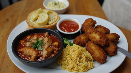 Hearty meal with chicken wings stew and noodles