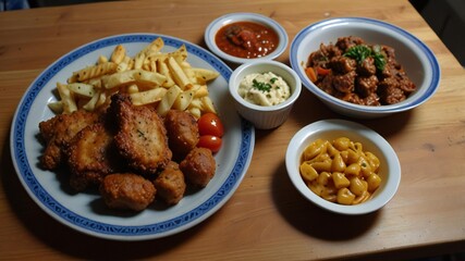 Hearty meal of fried chicken fries and sides