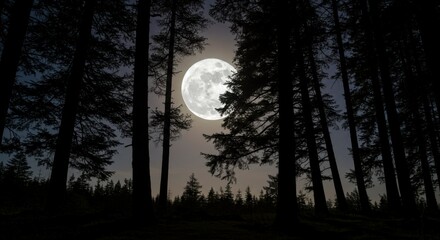 Naklejka premium Full moon behind dark silhouettes of trees