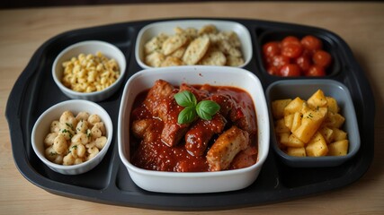 Hearty meatballs in tomato sauce with side dishes