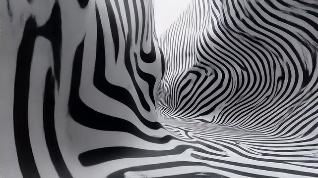 A black and white abstract landscape with wavy, parallel lines, creating optical illusion
