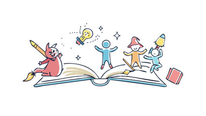 Illustration of open book with cartoon characters for creative writing and storytelling for children education