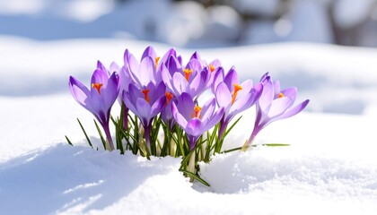 Cluster of purple crocuses in snow