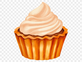Watercolor cupcake with cream frosting for fall dessert. Vector.