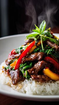 Delicious pad krapow with beef and rice thai cuisine close up