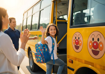 Cheerful child with backpack waves goodbye to parents boarding a vibrant yellow school bus with cartoon faces.