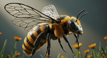 Detailed close-up of a honeybee