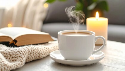 Ultra-detailed 4K image of a steaming drink in a white cup, on a cozy table setup with a book and candle, soft ambient lighting