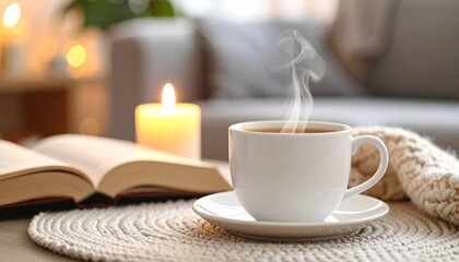 Fototapeta premium Ultra-detailed 4K image of a steaming drink in a white cup, on a cozy table setup with a book and candle, soft ambient lighting