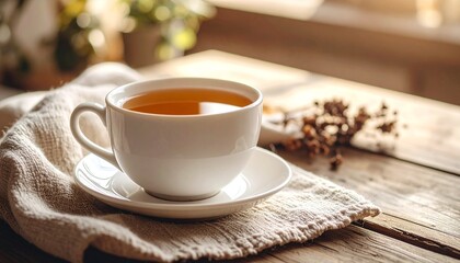 Close-up 4K shot of a white porcelain cup with herbal tea, placed on a wooden table with a linen napkin beside it, natural warm tones