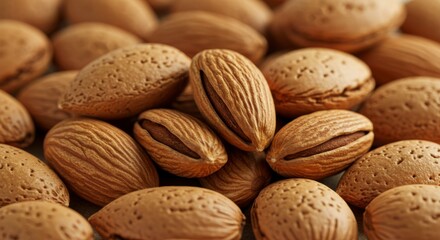 Close-up view of a multitude of whole almonds