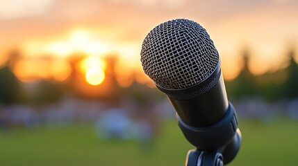 Close-up microphone at outdoor event, sunset backdrop