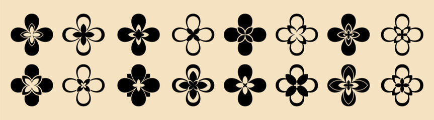 Vector shape set with abstract icons, cross, flowers, and inspired elements. Perfect for digital design, pattern, and graphics.