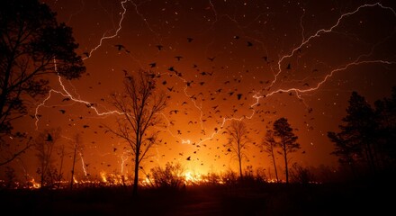 A forest ablaze at night, engulfed in flames and lightning