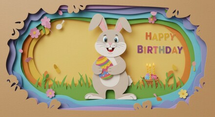 Cute rabbit with Easter egg. Happy Birthday card
