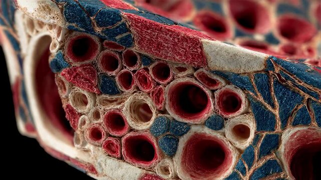 Highdetail bone crosssection animation revealing patchy remodeling zones in a red and blue checkerboard arrangement simulating Pagets disease pathology.