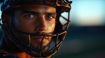 Close-up of a baseball catcher, focused gaze, sunset light