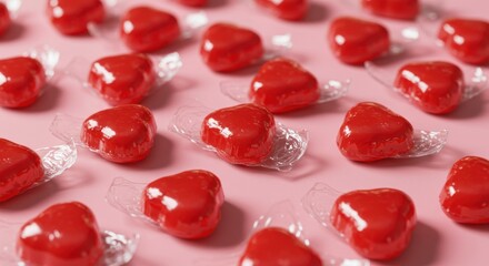 Heart-shaped candies in clear wrappers on a pink surface