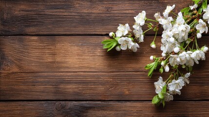 Spring blossoms arranged on a rustic wooden surface.