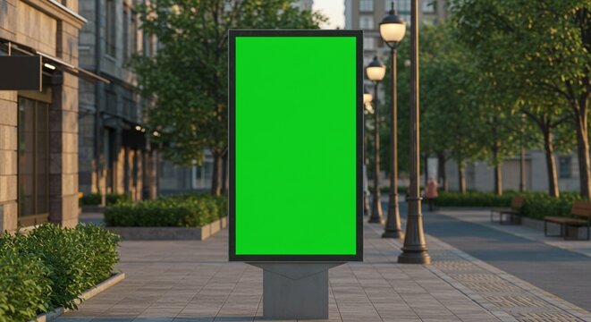 Vertical Green Screen City Street Billboard Mockup at Golden Hour