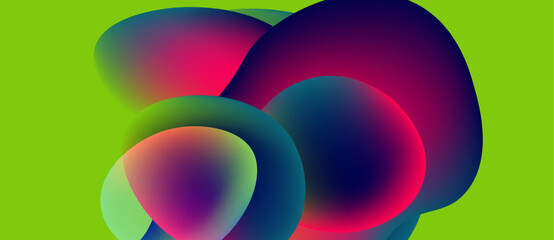 Abstract colorful shapes overlap vibrant green background. Smooth gradients create dynamic visual effect. Modern design elements present.