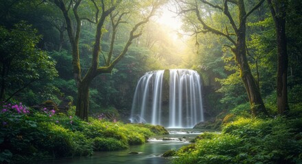 Lush waterfall cascading through a verdant forest