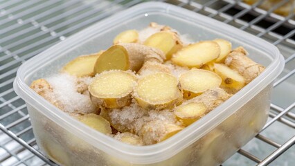 Close Up of Frozen Ginger Packaged in Transparent Plastic Box on Supermarket Shelf Suitable for Kitchen Ingredient Display