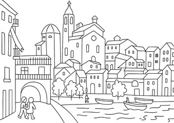 Fototapeta premium Coloring page of italian village with boats and buildings outline art