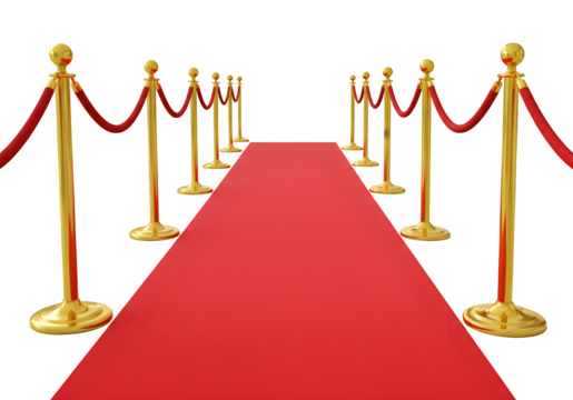 A red carpet with golden stanchions and velvet ropes on each side isolated on white or transparent background. PNG - Powered by Adobe